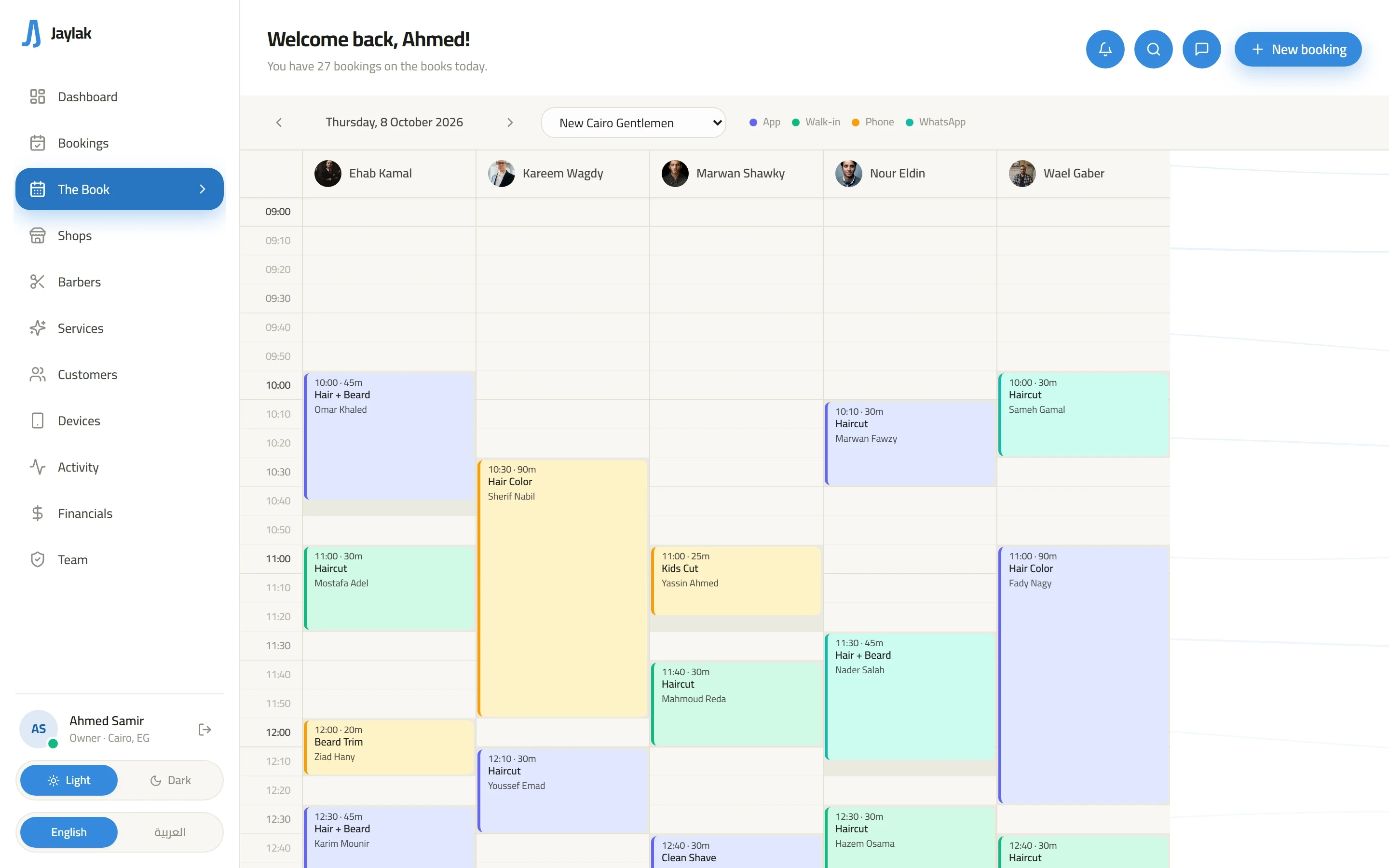 Jaylak calendar showing every barber and booking source across the day