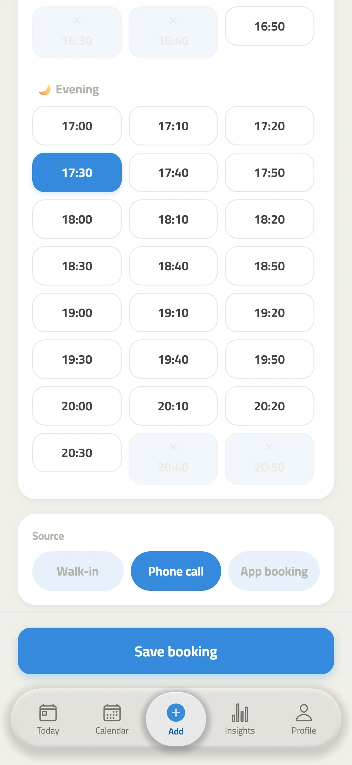 Business app adding a phone booking, with the source picker set to phone call