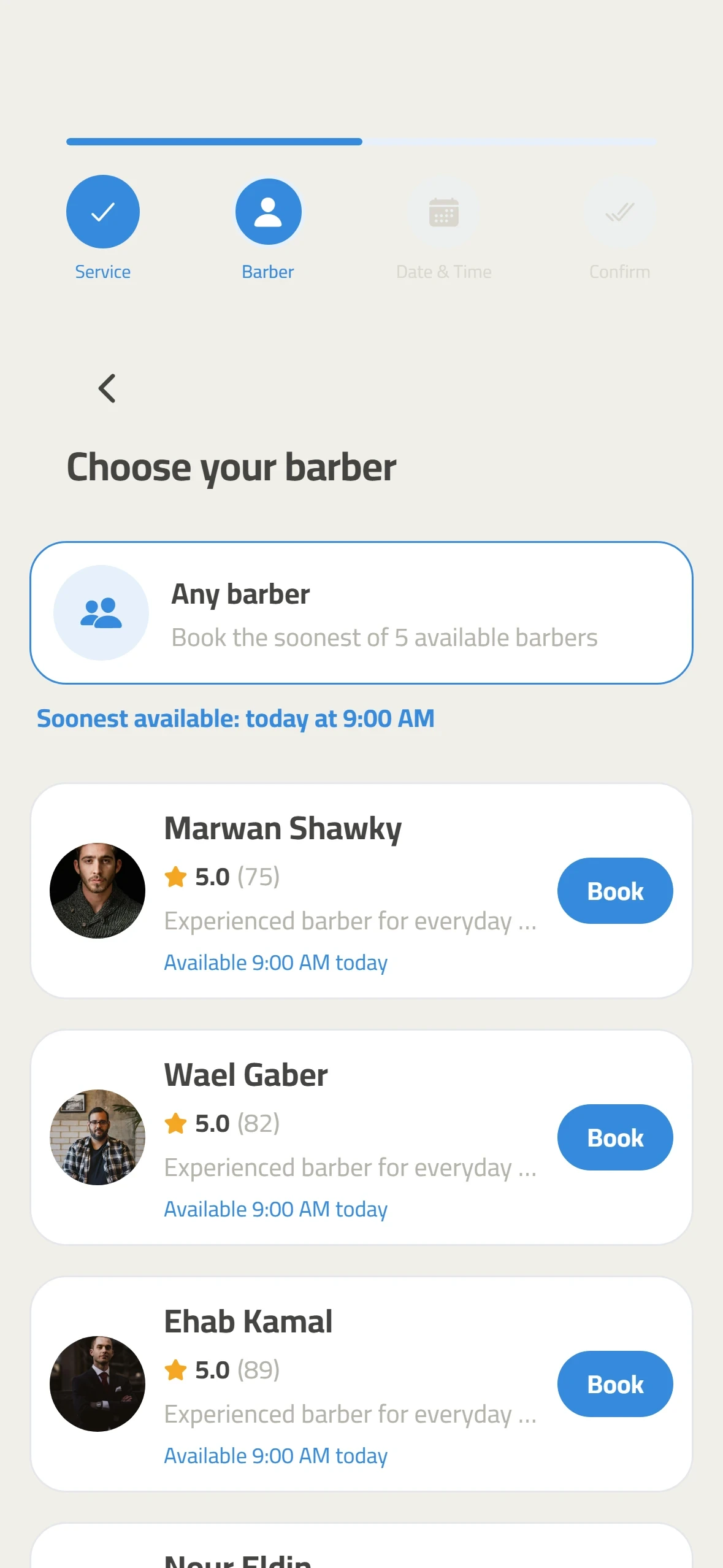 Barber choice with ratings and each barber’s next free time