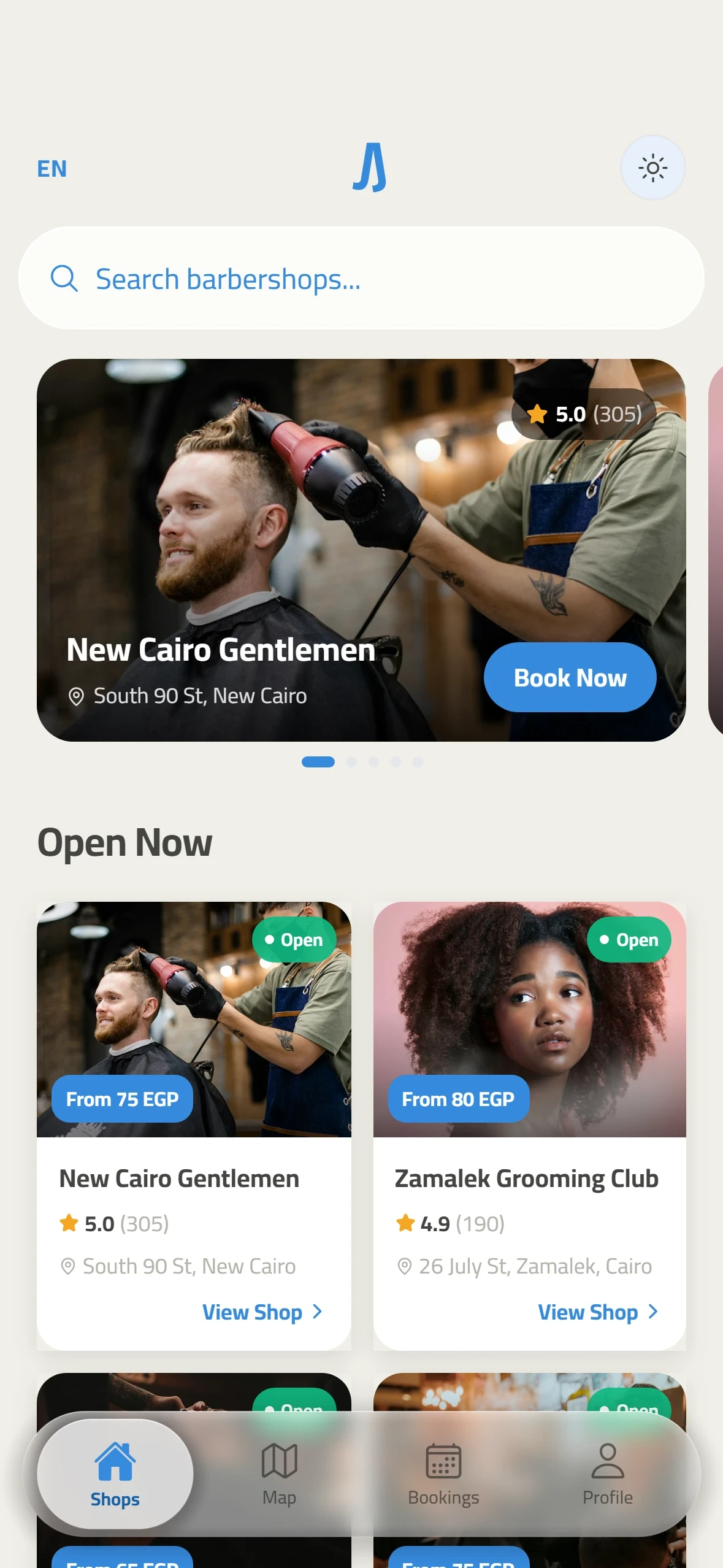 Customer app home screen listing barbershops open now