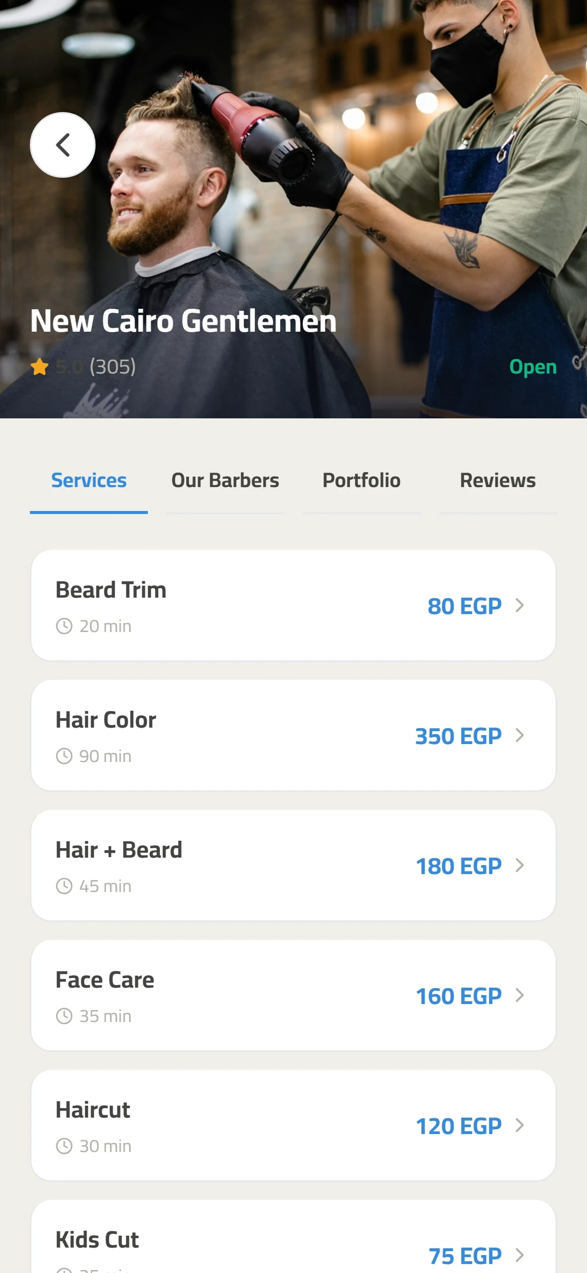Shop page in the customer app listing services with prices and durations