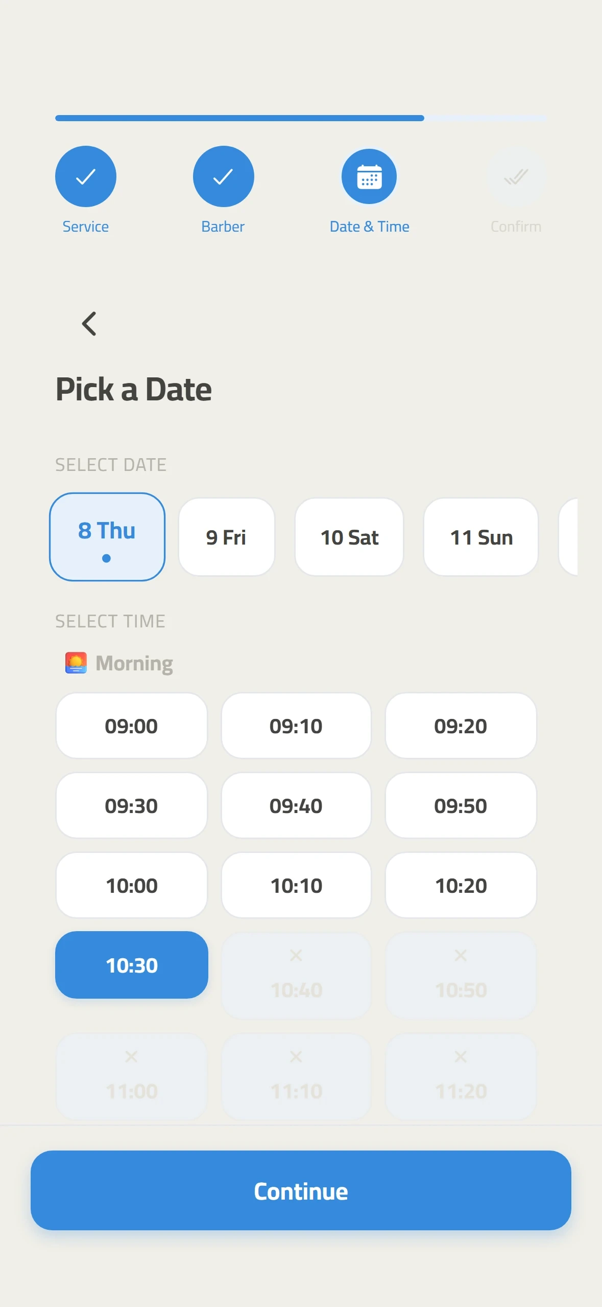 Customer app time picker showing free and taken slots for one barber